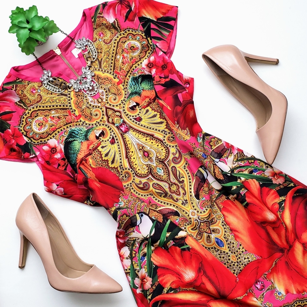 Ted Baker Aalia Paisley Toucan Tunic Mini Dress Cap Sleeve Red Size 3 / 8-10